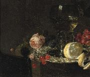 simon luttichuys A 'Roemer' with white wine, a partially peeled lemon, cherries and other fruit on a silver plate with a rose and grapes on a stone ledge oil painting
